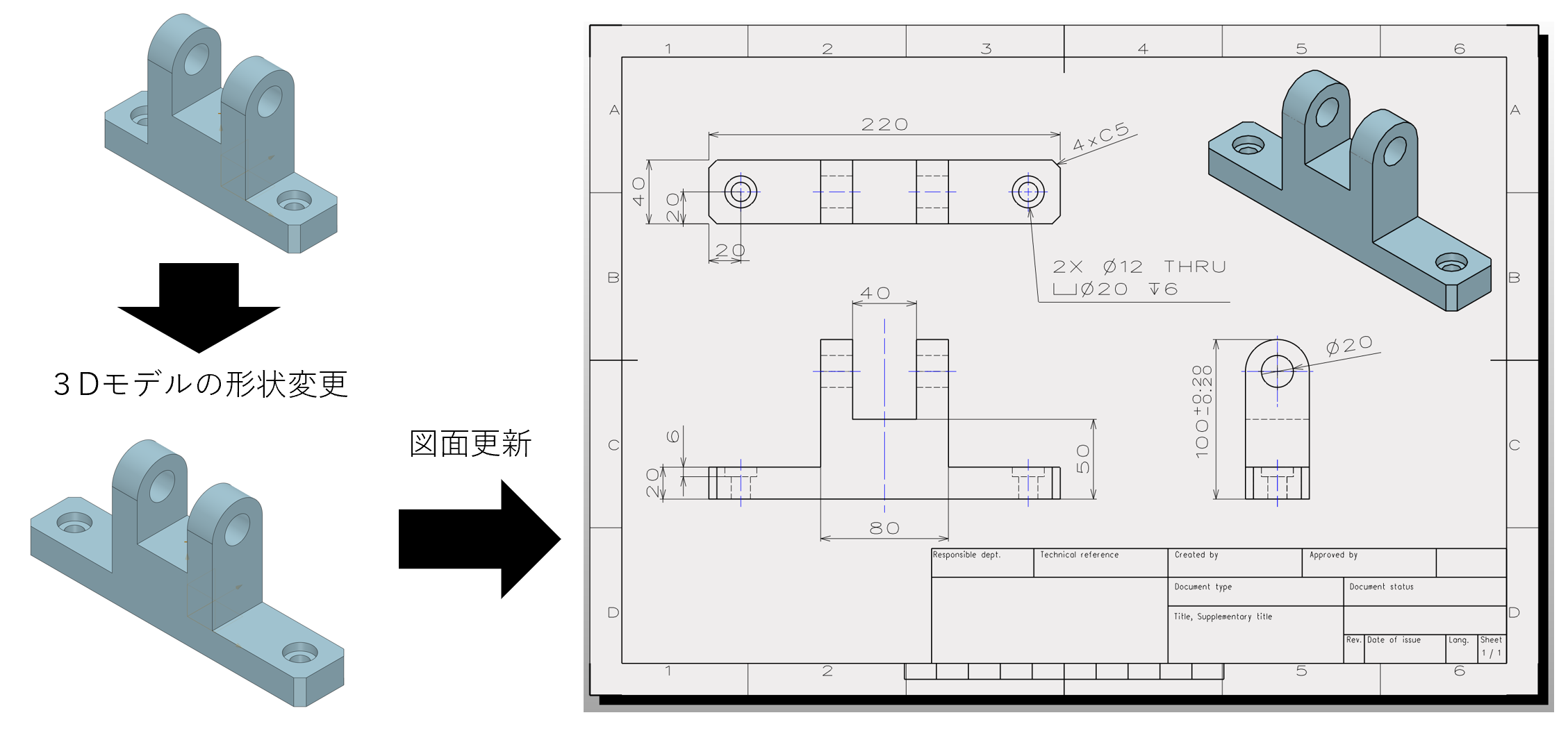 ZW3Dで3Dモデルの設計変更が2D図面に自動反映されている様子