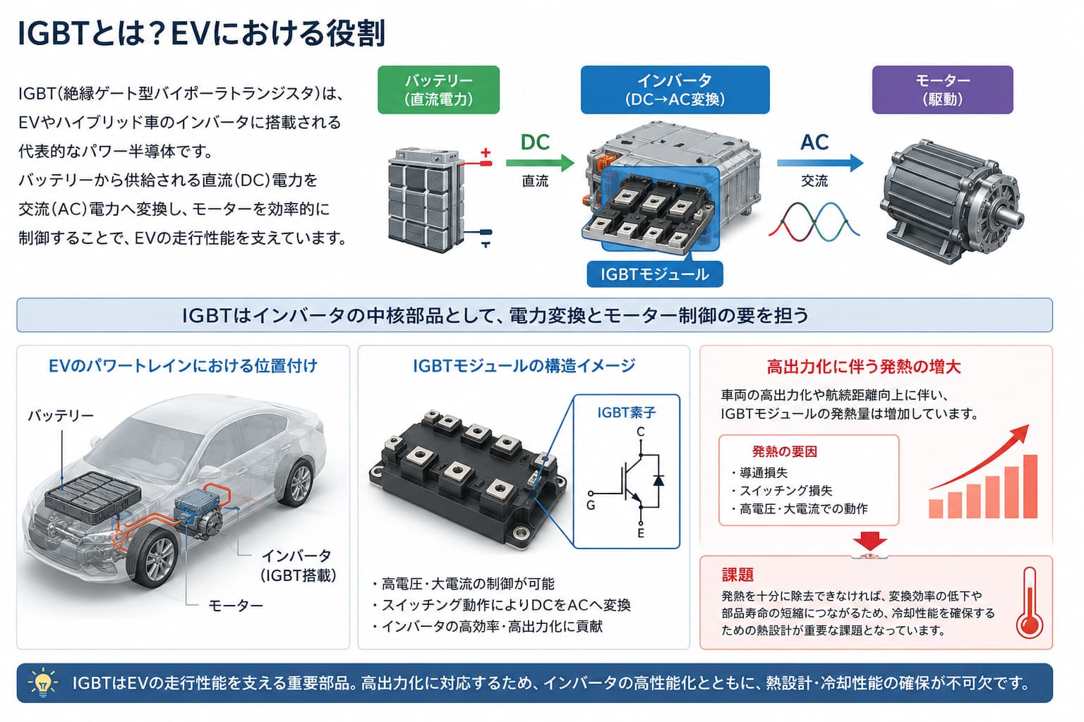 EVにおけるIGBTの役割の解説図