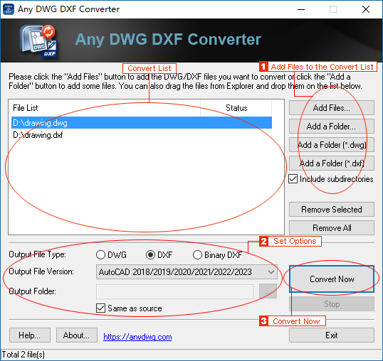 Any DWG to DXF Converterの操作画面を示す画像