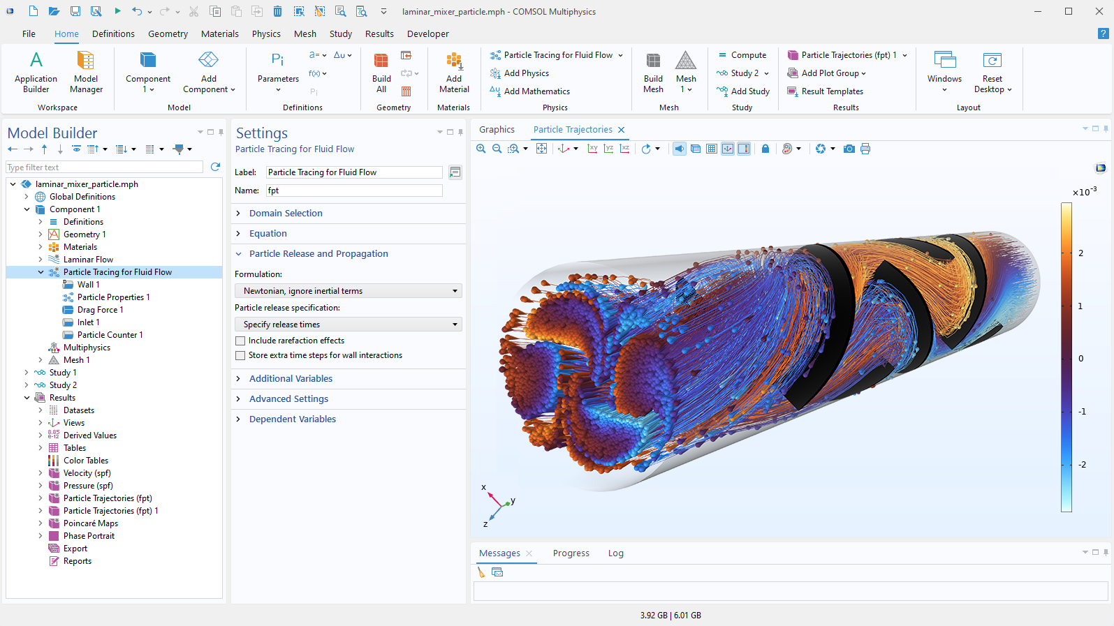 COMSOL Multiphysicsでの粒子追跡流体解析設定画面