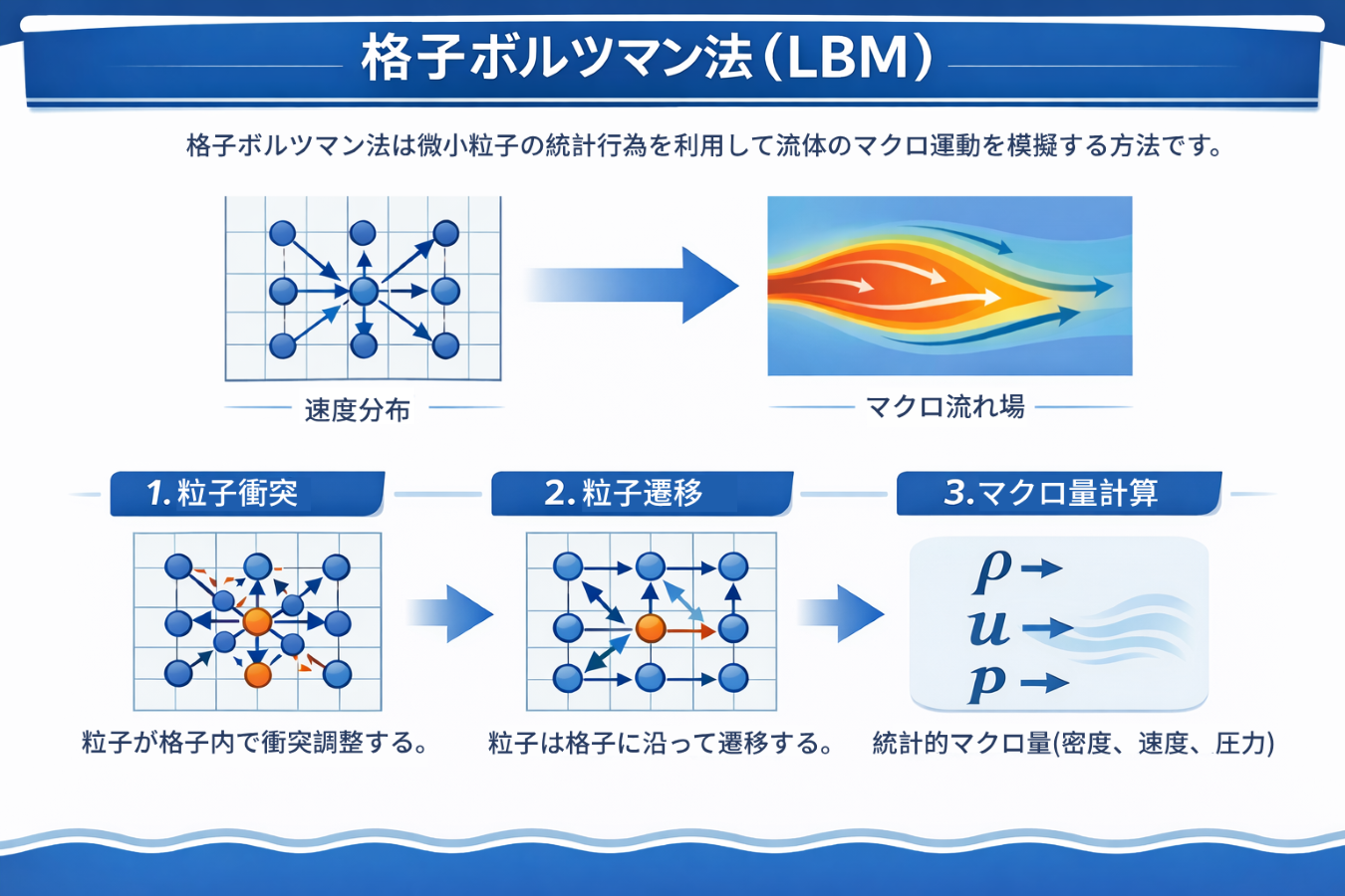 流体解析で用いられる格子ボルツマン法（LBM）の計算手法を説明した図
