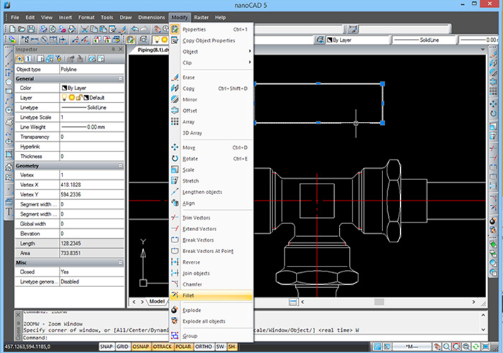 無料利用可能な2D CAD「nanoCAD Free」で配管設計の修正操作を行っている画面