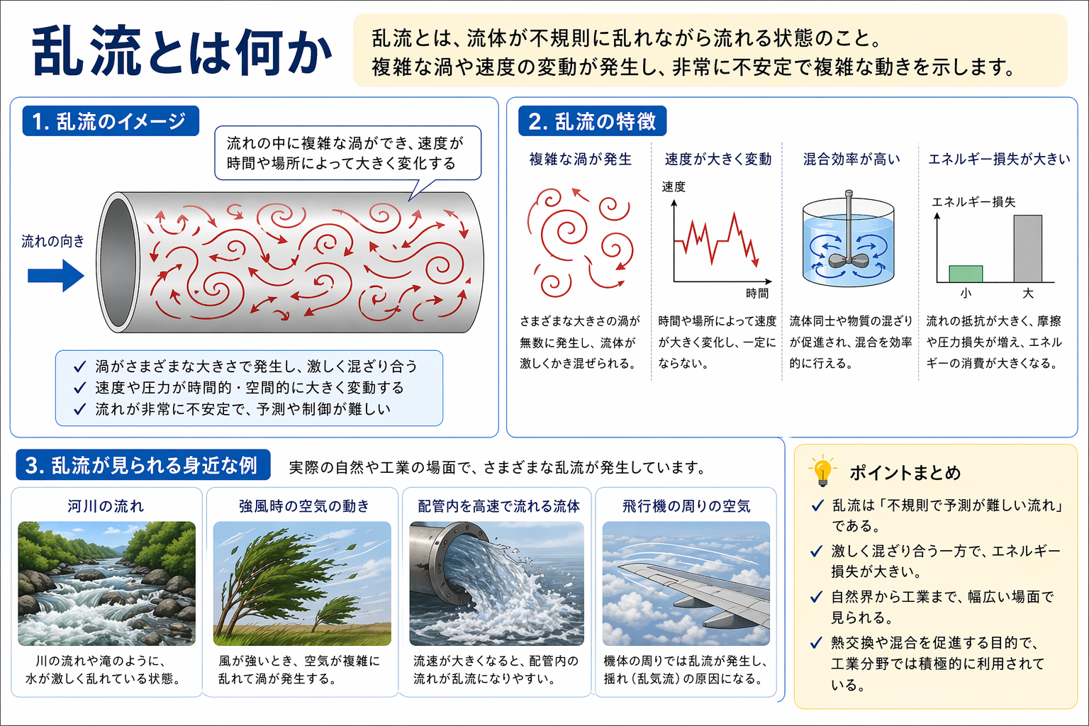 乱流の流体挙動を説明した模式図