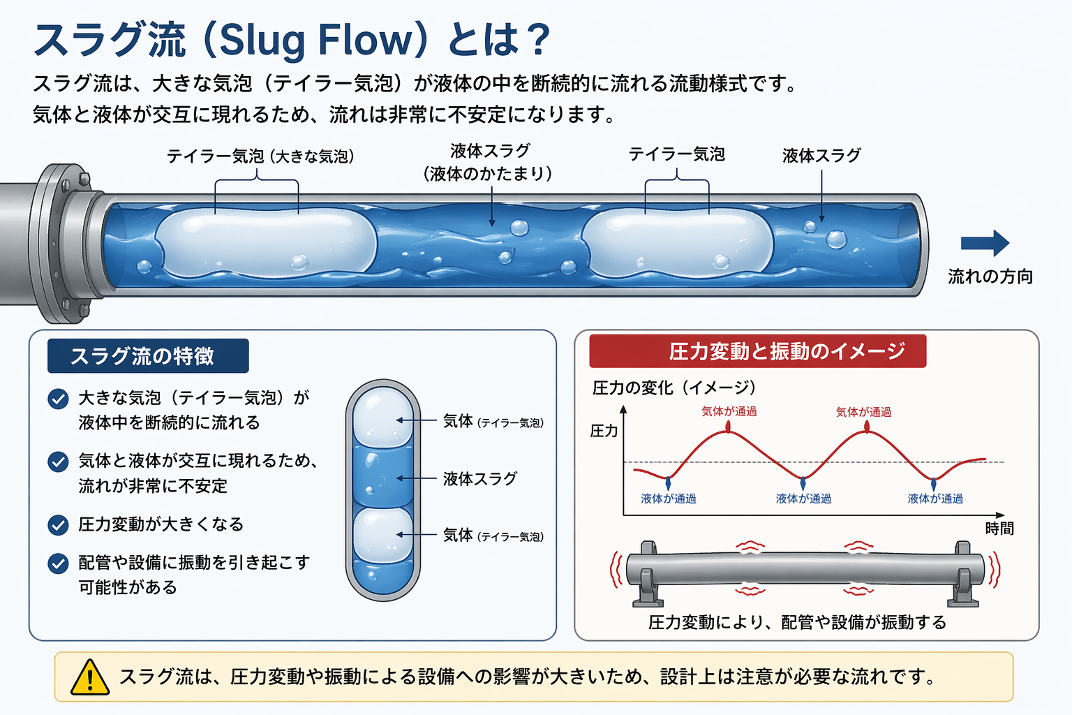 スラグ流の模式図と特徴説明
