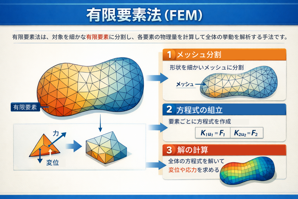 各種解析で用いられる有限要素法（FEM）の計算手順を説明した図